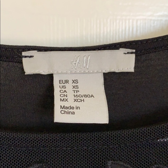 H&M Black T-Shirt Top XS Mesh Embroidery - Picture 5 of 12
